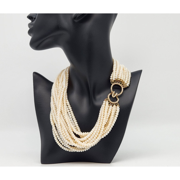 Gold Tone Crystal Faux Pearl 16 Multi Strand Beaded Necklace 16" - Picture 1 of 14